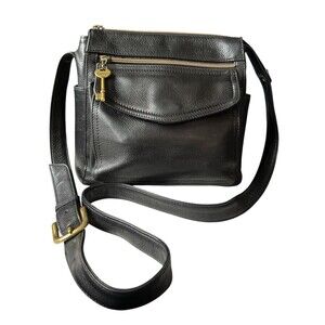 Vintage Fossil 1954 Crossbody Purse Black Leather Tote Bag 75082 Key 9x8x4"